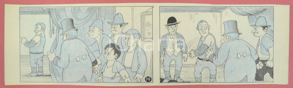 1950 ca DUTCH COMIC by A. REUVERS Original comic strip n.75 - ORIGINAL ART Striscia a fumetti d'epoca, originale e autentica. Disegno originale a china di A. Reuvers.EDITORE: Omnium PressCONDIZIONI: FAIR (piegatura all'angolo inferiore destro)DIMENSIONI: 32x9 cm    originale e autentica 1