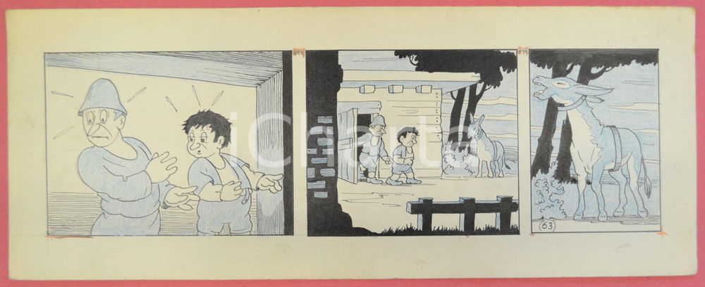 1950 ca DUTCH COMIC by A. REUVERS Original comic strip n.63 - ORIGINAL ART Striscia a fumetti d'epoca, originale e autentica. Disegno originale a china di A. Reuvers.EDITORE: Omnium PressCONDIZIONI: FAIRDIMENSIONI: 32x12 cm    originale e autentica 1