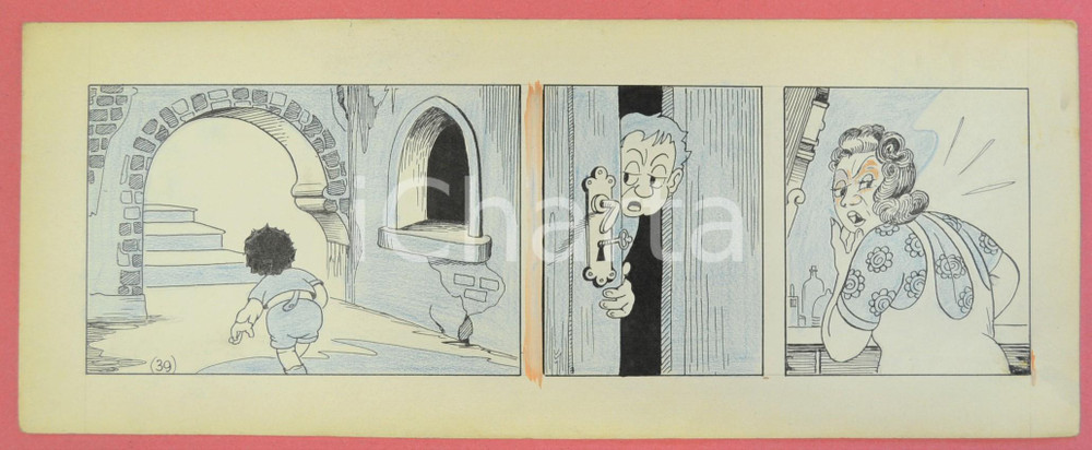 1950 ca DUTCH COMIC by A. REUVERS Original comic strip n.39 - ORIGINAL ART Striscia a fumetti d'epoca, originale e autentica. Disegno originale a china di A. Reuvers.EDITORE: Omnium PressCONDIZIONI: FAIRDIMENSIONI: 32x12 cm    originale e autentica 1