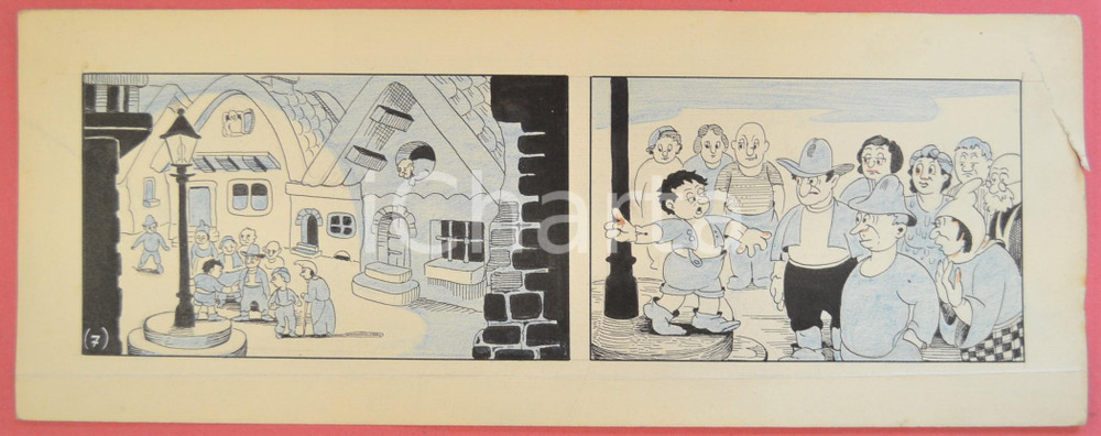 1950 ca DUTCH COMIC by A. REUVERS Original comic strip n.7 - ORIGINAL ART Striscia a fumetti d'epoca, originale e autentica. Disegno originale a china di A. Reuvers.EDITORE: Omnium PressCONDIZIONI: POOR (strappo al margine destro, piegature al margine inferiore)DIMENSIONI: 32x12 cm    originale e autentica 1