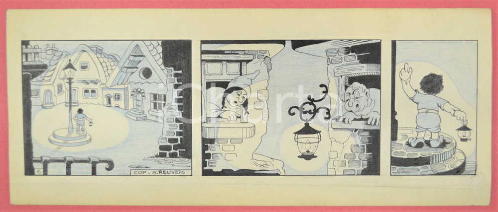 1950 ca DUTCH COMIC by A. REUVERS Original comic strip n.6 - ORIGINAL ART Striscia a fumetti d'epoca, originale e autentica. Disegno originale a china di A. Reuvers.EDITORE: Omnium PressCONDIZIONI: POOR (abrasione all'angolo inferiore destro, piegature al margine inferiore)DIMENSIONI: 30x12 cm    originale e autentica 1