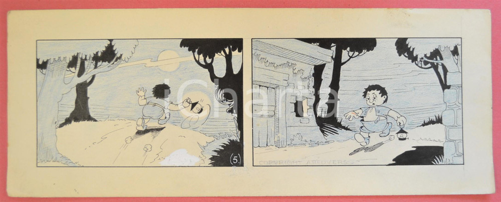 1950 ca DUTCH COMIC by A. REUVERS Original comic strip n.5 - ORIGINAL ART Striscia a fumetti d'epoca, originale e autentica. Disegno originale a china di A. Reuvers.EDITORE: Omnium PressCONDIZIONI: FAIRDIMENSIONI: 32x12 cm    originale e autentica 1