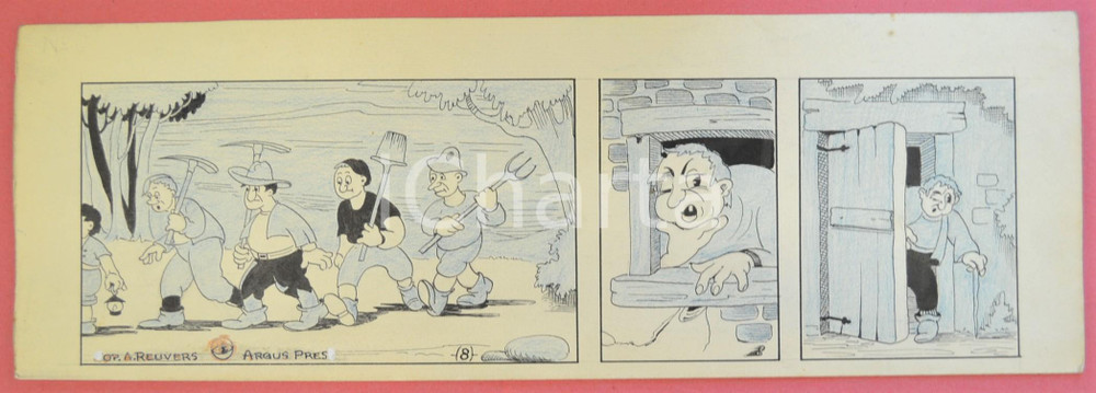 1950 ca DUTCH COMIC by A. REUVERS Original comic strip n.8 - ORIGINAL ART Striscia a fumetti d'epoca, originale e autentica. Disegno originale a china di A. Reuvers.EDITORE: Omnium PressCONDIZIONI: POOR (piegatura al margine inferiore)DIMENSIONI: 32x12 cm    originale e autentica 1