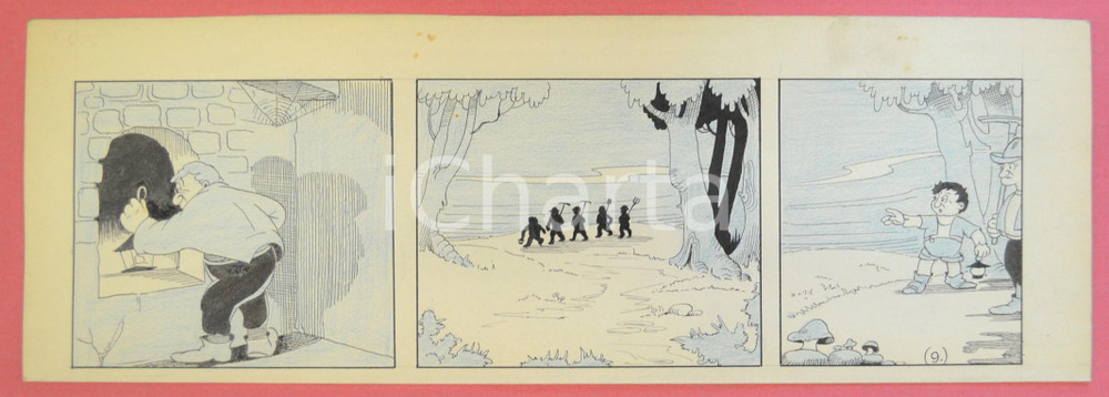 1950 ca DUTCH COMIC by A. REUVERS Original comic strip n.9 - ORIGINAL ART Striscia a fumetti d'epoca, originale e autentica. Disegno originale a china di A. Reuvers.EDITORE: Omnium PressCONDIZIONI: POOR (piegatura al margine inferiore)DIMENSIONI: 32x12 cm    originale e autentica 1