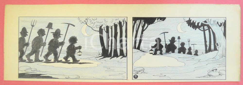 1950 ca DUTCH COMIC by A. REUVERS Original comic strip n.11 - ORIGINAL ART Striscia a fumetti d'epoca, originale e autentica. Disegno originale a china di A. Reuvers.EDITORE: Omnium PressCONDIZIONI: POOR (piegatura al margine inferiore)DIMENSIONI: 32x12 cm    originale e autentica 1