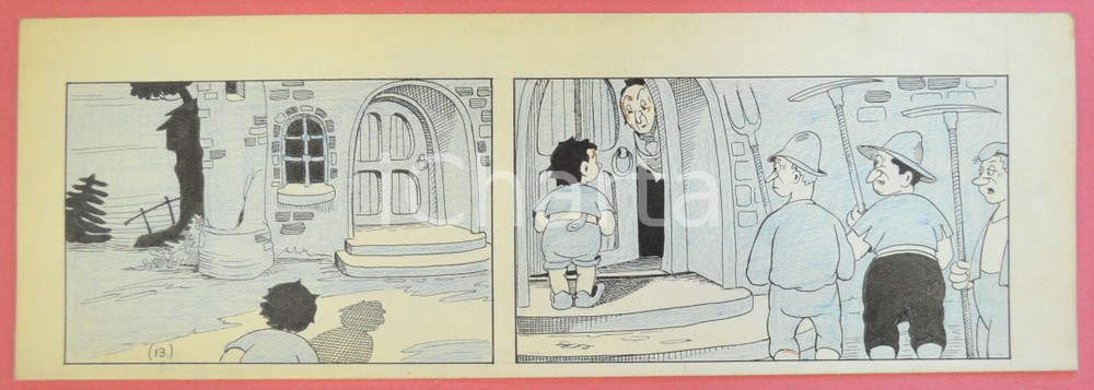 1950 ca DUTCH COMIC by A. REUVERS Original comic strip n.13 - ORIGINAL ART Striscia a fumetti d'epoca, originale e autentica. Disegno originale a china di A. Reuvers.EDITORE: Omnium PressCONDIZIONI: POOR (piegatura al margine inferiore)DIMENSIONI: 32x12 cm    originale e autentica 1