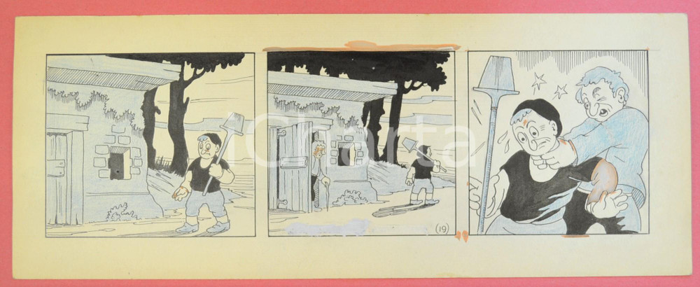 1950 ca DUTCH COMIC by A. REUVERS Original comic strip n.19 - ORIGINAL ART Striscia a fumetti d'epoca, originale e autentica. Disegno originale a china di A. Reuvers.EDITORE: Omnium PressCONDIZIONI: FAIR (residuo di incollatura al recto)DIMENSIONI: 32x12 cm    originale e autentica 1