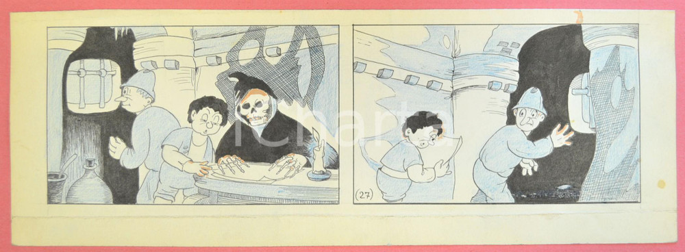 1950 ca DUTCH COMIC by A. REUVERS Original comic strip n.27 - ORIGINAL ART Striscia a fumetti d'epoca, originale e autentica. Disegno originale a china di A. Reuvers.EDITORE: Omnium PressCONDIZIONI: FAIR (piegatura verticale al margine superiroe, piegature orizzontali al margine superiore e inferiore)DIMENSIONI: 32x10 cm    originale e autentica 1
