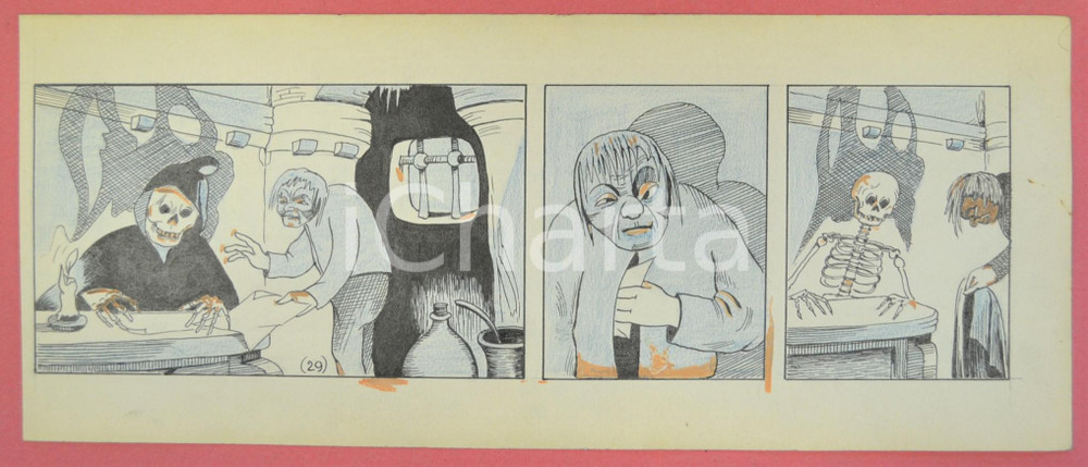1950 ca DUTCH COMIC by A. REUVERS Original comic strip n.29 - ORIGINAL ART Striscia a fumetti d'epoca, originale e autentica. Disegno originale a china di A. Reuvers.EDITORE: Omnium PressCONDIZIONI: FAIR (piegatura verticale al margine sinistro)DIMENSIONI: 32x12 cm    originale e autentica 1