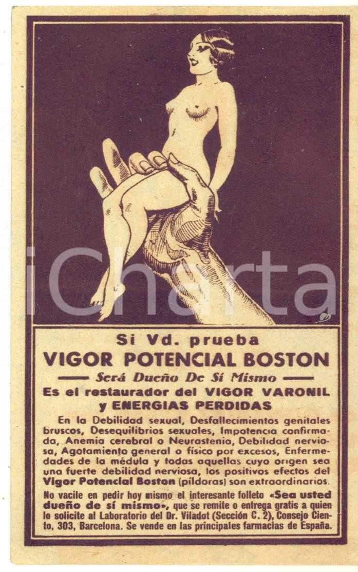 1930 ca ESPAÑA - VIGOR POTENCIAL BOSTON Debilidad sexual *Tarjeta postal  Cartolina postale d'epoca, non viaggiata.Scrtitta a biro successive al verso.CONDIZIONI: GFORMATO: FP    originale e autentica 1