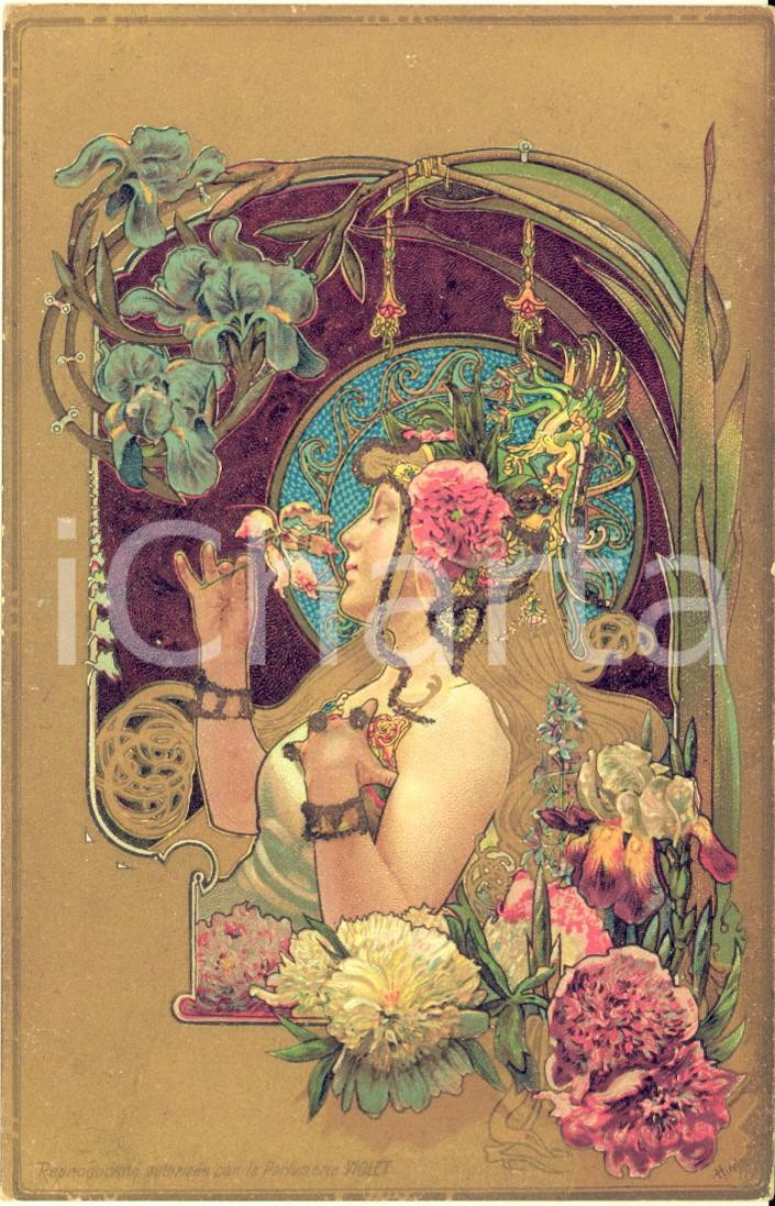 1900 ca ART NOUVEAU Artist HINGRE - Parfumerie VIOLET - Glittered postcard  Rara e pregevole cartolina postale d'epoca, da illustrazione di Louis Theophile Hingre, non viaggiata.CONDIZIONI: GFORMATO: FP    originale e autentica 1