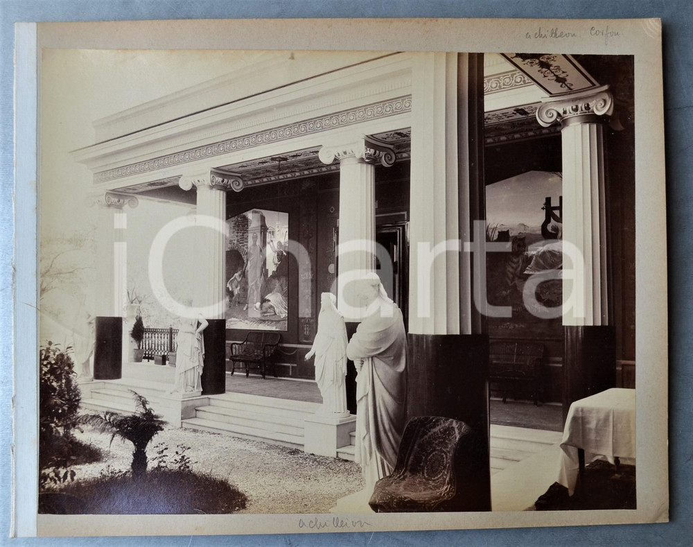 1900 ca GREECE CORFU Island - Achilleion Palace (1) Albumen photo 30x24 cm  Fotografia d'epoca originale, stampata all'albumina e montata su cartoncino.Margine sinistro telato.CONDIZIONI: F (lievi smussature angolari al cartoncino)FORMATO: 30x24 cm     originale e autentica 1