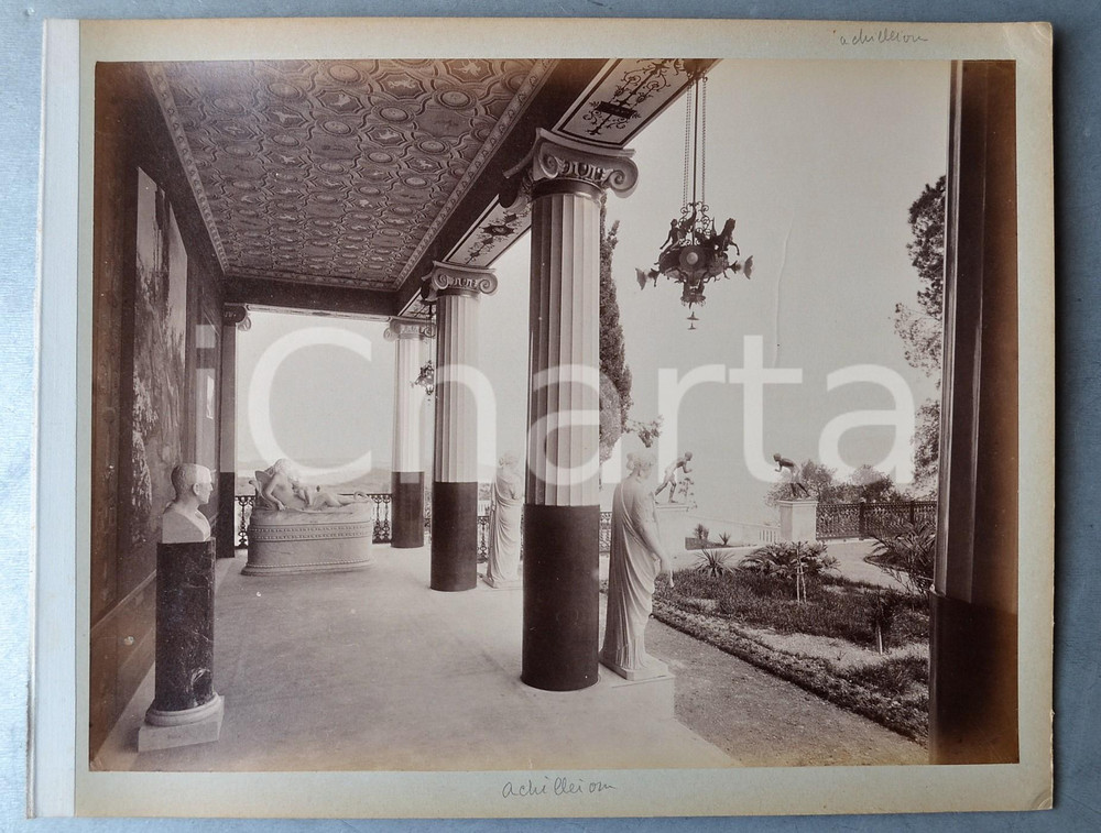 1900 ca GREECE CORFU Island - Achilleion Palace (2) Albumen photo 30x24 cm  Fotografia d'epoca originale, stampata all'albumina e montata su cartoncino.Margine sinistro telato.CONDIZIONI: F (lievi smussature angolari al cartoncino; lieve increspatura superficiale)FORMATO: 30x24 cm     originale e autentica 1