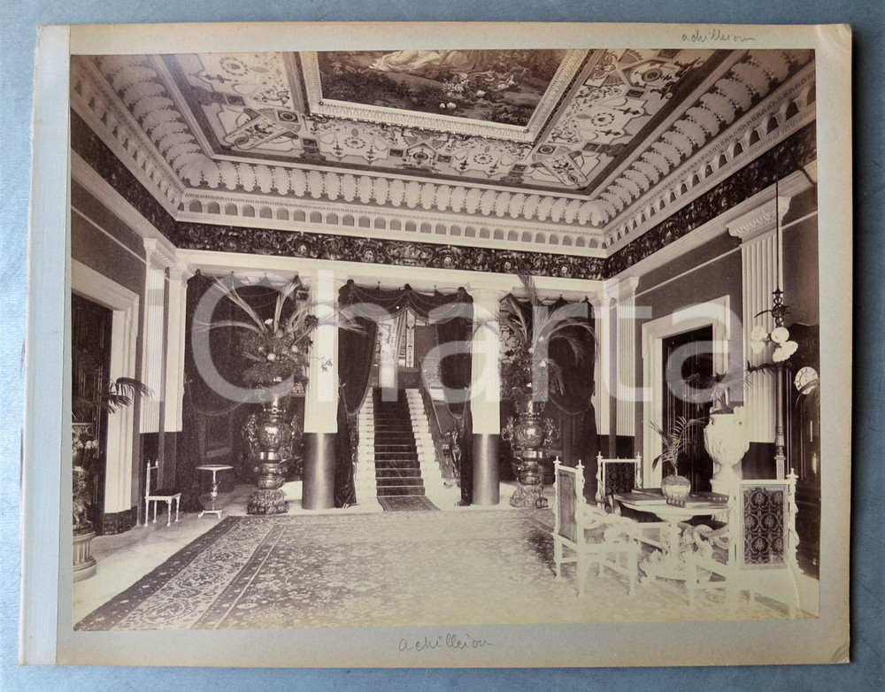 1900 ca GREECE CORFU - Achilleion Palace - Interior - Albumen photo 30x24 cm  Fotografia d'epoca originale, stampata all'albumina e montata su cartoncino.Margine sinistro telato.CONDIZIONI: F (smussature angolari al cartoncino; piccola increspatura superficiale al lato sinistro)FORMATO: 30x24 cm     originale e autentica 1