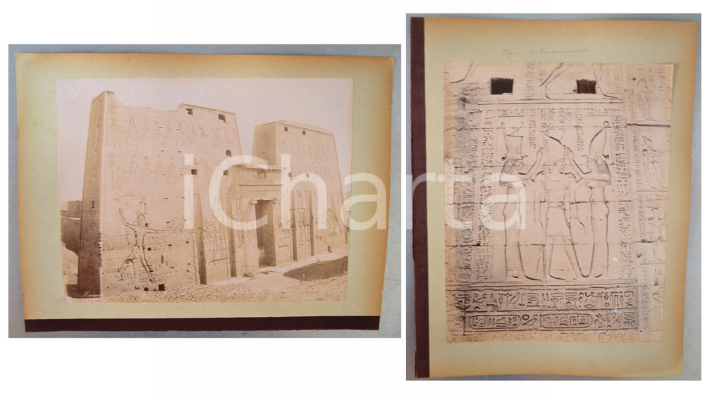 1880 ca EGYPTE - Adelphoi ZANGAKI -  EDFOU Temple de Horus - 2 photos Coppia di fotografie originali d'epoca, stampate all'albumina e montate sui due lati di un cartoncino rigido (telato a un margine).Le fotografie recano didascalia, numero e firma al negativo. Didascalie originali: - "n&deg; 628 Edfou La Couronne" - "n&deg; 637 Edfou - Pylon du Temple de Horus"FOTOGRAFO: George e Constantinos Zangakis (Adelphoi Zangaki)CONDIZIONI: F (piccole abrasioni alla foto 628)FORMATO: 35x27 cm (cartoncino); 22x28 cm (fotografie)    originale e autentica 1