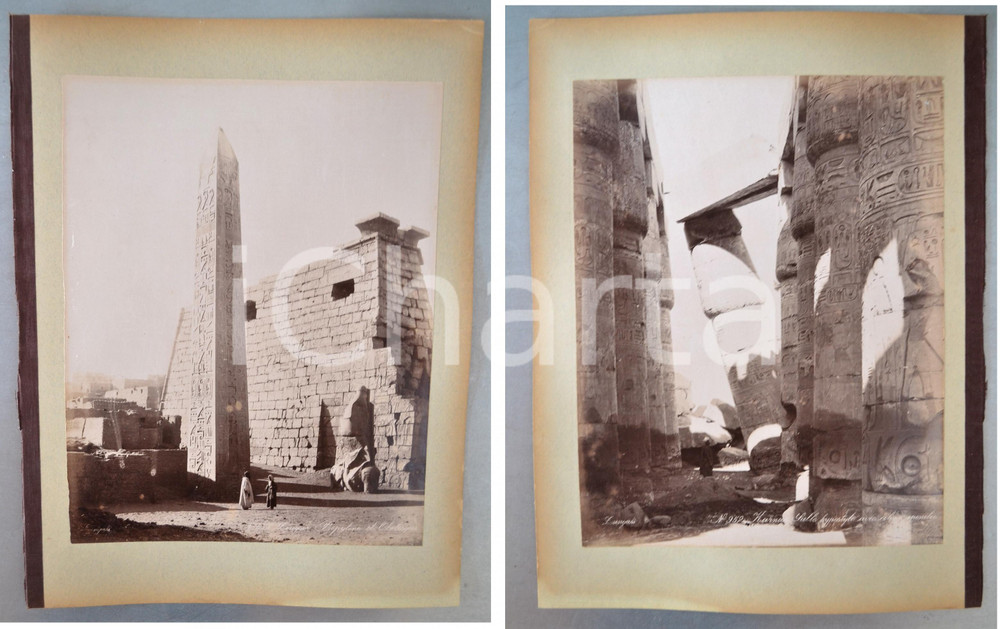 1880 ca EGYPTE - Adelphoi ZANGAKI - Temples LOUXOR et KARNAK - 2 photos ANIMEES Coppia di fotografie originali d'epoca, stampate all'albumina e montate sui due lati di un cartoncino rigido (telato a un margine).Le fotografie recano didascalia, numero e firma al negativo. Didascalie originali: - "n&deg; 676 Louqsor Propylone et Ob&eacute;lisque"- " n&deg; 952 Karnak Salle hypostyle avec colone &eacute;penclee"FOTOGRAFO: George e Constantinos Zangakis (Adelphoi Zangaki)CONDIZIONI: G FORMATO: 35x27 cm (cartoncino); 22x28 cm (fotografie)    originale e autentica 1