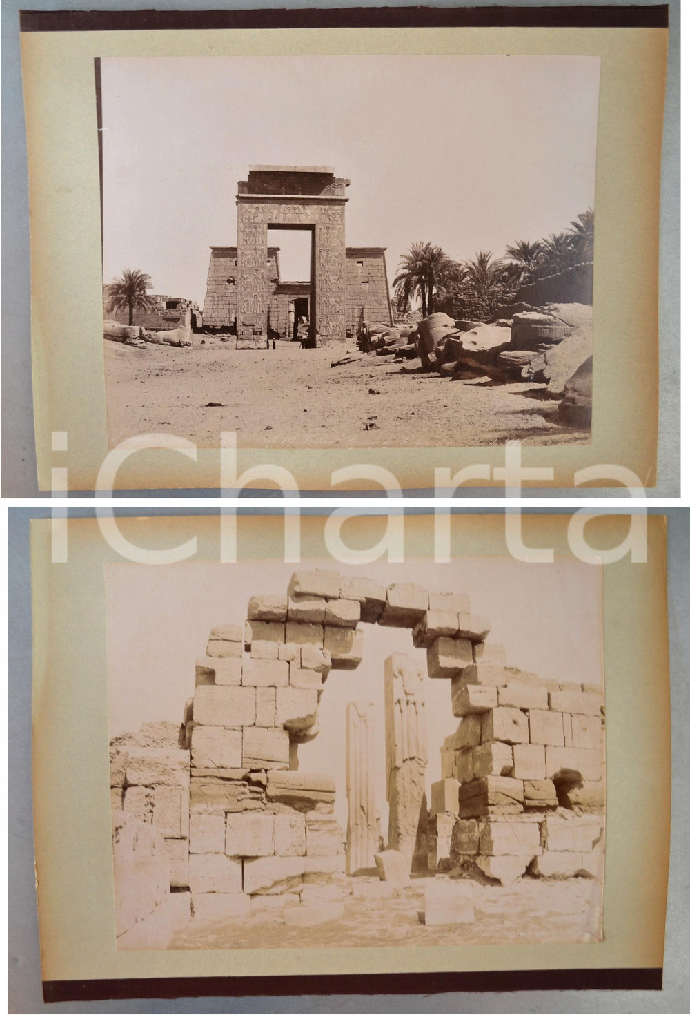 1880 ca EGYPTE - Adelphoi ZANGAKI - KARNAK Ruines - 2 photos ANIMEES Coppia di fotografie originali d'epoca, stampate all'albumina e montate sui due lati di un cartoncino rigido (telato a un margine).Le fotografie recano didascalia, numero e firma al negativo. Didascalie originali: - "n&deg; 711 Karnak Avenue de B&eacute;liers et propylone de Ptol&eacute;m&eacute;e Everg&egrave;te"- " n&deg; 669 Karnak Ruines et colonnes..."FOTOGRAFO: George e Constantinos Zangakis (Adelphoi Zangaki)CONDIZIONI: G FORMATO: 35x27 cm (cartoncino); 22x28 cm (fotografie)    originale e autentica 1