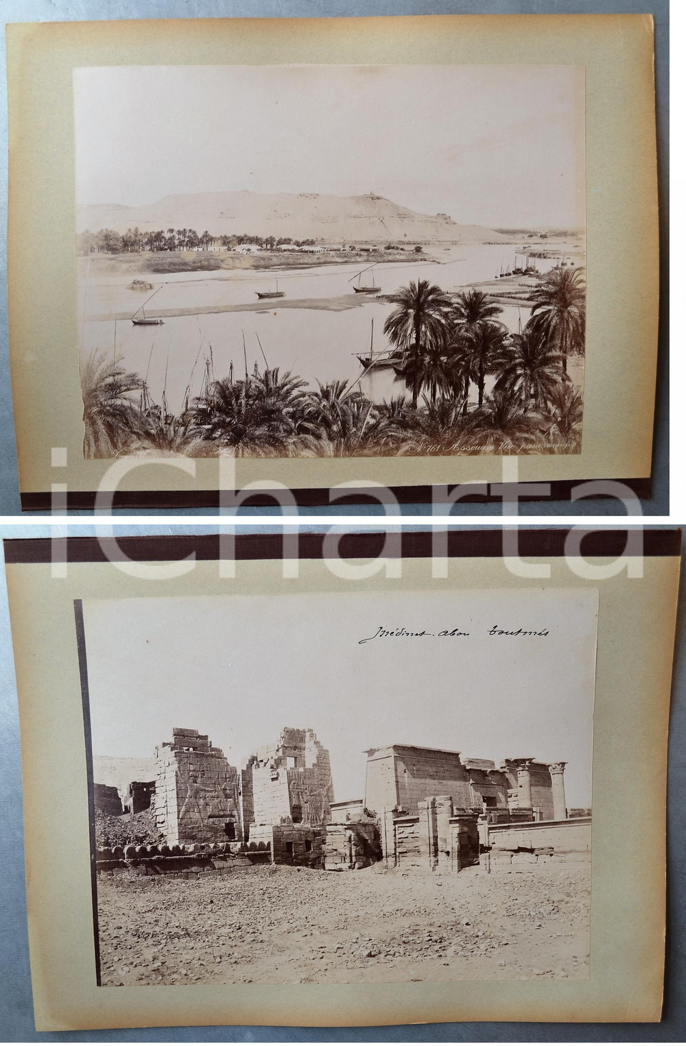 1880 ca EGYPTE - Adelphoi ZANGAKI - ASSOUAN / Temple MEDINET ABOU - 2 photos Coppia di fotografie originali d'epoca, stampate all'albumina e montate sui due lati di un cartoncino rigido (telato a un margine).Le fotografie recano didascalia, numero e firma al negativo. Didascalie originali: - "n&deg; 761 Assouan Vue panoramique"- " Medinet Abou Toutm&eacute;s"FOTOGRAFO: George e Constantinos Zangakis (Adelphoi Zangaki)CONDIZIONI: G FORMATO: 35x27 cm (cartoncino); 22x28 cm (fotografie)    originale e autentica 1