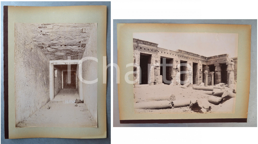 1880 ca EGYPTE - Adelphoi ZANGAKI - THEBES Tombeau / Memnonium Ramses - 2 photos Coppia di fotografie originali d'epoca, stampate all'albumina e montate sui due lati di un cartoncino rigido (telato a un margine).Le fotografie recano didascalia, numero e firma al negativo. Didascalie originali: - "n&deg; 652 Thebes Tombeau du Roi - Entr&eacute;e du caveau"- " Thebes Memnonium  de Ramses III"FOTOGRAFO: George e Constantinos Zangakis (Adelphoi Zangaki)CONDIZIONI: F (strappi marginali riparati alla 664 e piccola mancanza con abrasione alla 652)FORMATO: 35x27 cm (cartoncino); 22x28 cm (fotografie)    originale e autentica 1