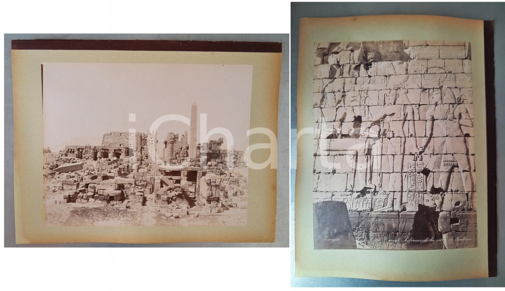1880 ca EGYPTE - Adelphoi ZANGAKI - KARNAK Ruines - Salle Touthmes - 2 photos Coppia di fotografie originali d'epoca, stampate all'albumina e montate sui due lati di un cartoncino rigido (telato a un margine).Le fotografie recano didascalia, numero e firma al negativo. Didascalie originali: - "n&deg; 685 Karnak Ruines L'obelisque de Touthmes et de sa fille Hatasou"- " n&deg; 958 Karnak Int&eacute;rieur de la salle de Touthmes"FOTOGRAFO: George e Constantinos Zangakis (Adelphoi Zangaki)CONDIZIONI: GFORMATO: 35x27 cm (cartoncino); 22x28 cm (fotografie)    originale e autentica 1