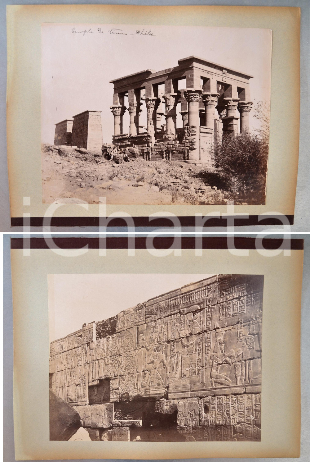 1880 ca EGYPTE Adelphoi ZANGAKI Phylae Kiosque d'Isis - A. BEATO Temple 2 photos Coppia di fotografie originali d'epoca, stampate all'albumina e montate sui due lati di un cartoncino rigido (telato a un margine).Le fotografie recano didascalia, numero e firma al negativo. Didascalie originali: - solo la firma del fotografo Antonio Beato- " n&deg; 744 Phylae Kiosque d'Isis"FOTOGRAFO: George e Constantinos Zangakis (Adelphoi Zangaki)CONDIZIONI: GFORMATO: 35x27 cm (cartoncino); 22x28 cm (fotografie)    originale e autentica 1