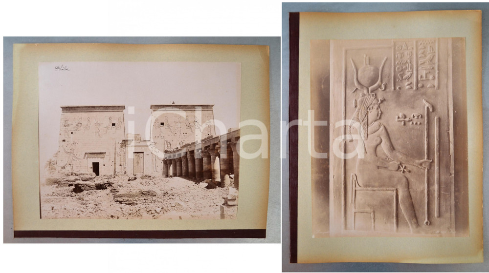 1880 ca EGYPTE Adelphoi ZANGAKI - Phylae Temple d'Isis - Façade *2 photos Coppia di fotografie originali d'epoca, stampate all'albumina e montate sui due lati di un cartoncino rigido (telato a un margine).Le fotografie recano didascalia, numero e firma al negativo. Didascalie originali:- " n&deg; 905 Isis" - "... Phylae Fa&ccedil;ade du Temple d'Isis"FOTOGRAFO: George e Constantinos Zangakis (Adelphoi Zangaki)CONDIZIONI: GFORMATO: 35x27 cm (cartoncino); 22x28 cm (fotografie)    originale e autentica 1