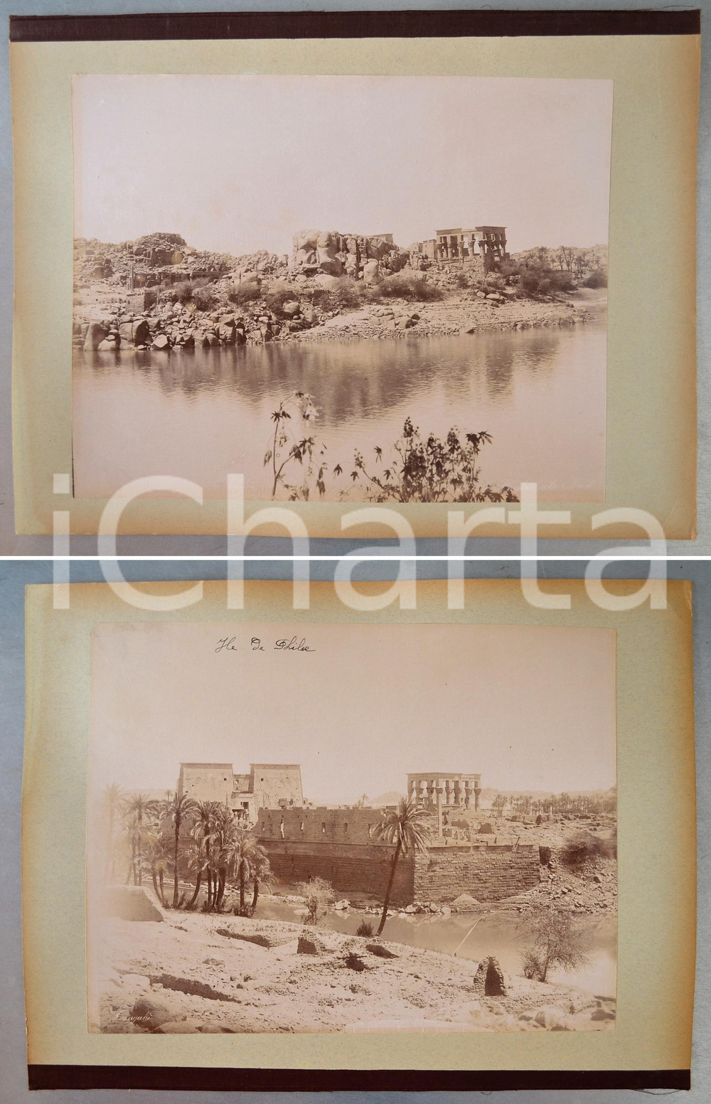 1880 ca EGYPTE Adelphoi ZANGAKI - PHYLAE Vue - Côté nord *2 photos Coppia di fotografie originali d'epoca, stampate all'albumina e montate sui due lati di un cartoncino rigido (telato a un margine).Le fotografie recano didascalia, numero e firma al negativo. Didascalie originali: - "n&deg; 749 Phylae Cot&eacute; Nord" - ...Phylae vue g&eacute;n&eacute;rale"FOTOGRAFO: George e Constantinos Zangakis (Adelphoi Zangaki)CONDIZIONI: F (piccoli tagli riparati al margine inferiore della seconda foto)FORMATO: 35x27 cm (cartoncino); 22x28 cm (fotografie)    originale e autentica 1
