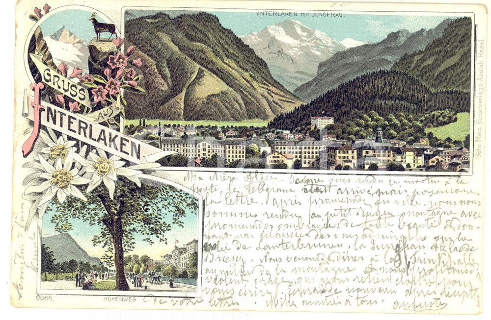 1898 Gruss aus INTERLAKEN - Jungfrau - Hohenweg *AK Postcard  Cartolina postale d'epoca, illustrata, viaggiata.VERY POOR/gravemente danneggiato evidenti piegature al lato destroFormato: 14x9 cm originale e autentica 0