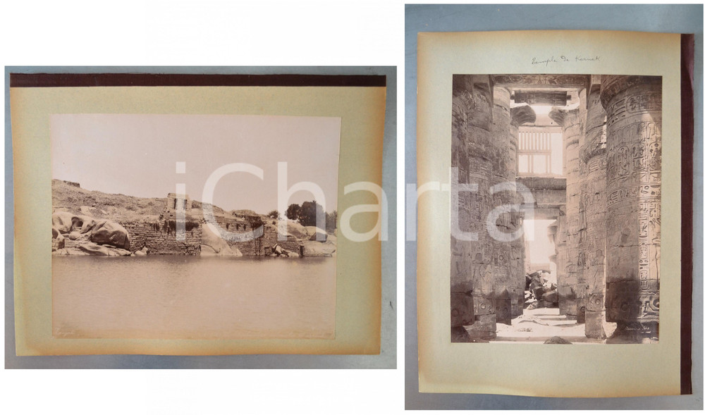 1880 ca EGYPTE - Adelphoi ZANGAKI - Ile Elephantine - Temple KARNAK - 2 photos Coppia di fotografie originali d'epoca, stampate all'albumina e montate sui due lati di un cartoncino rigido (telato a un margine).Le fotografie recano didascalia, numero e firma al negativo. Didascalie originali: - "n&deg; 645 Ile Elephantine nilometre et sakkeh"- " Temple de Karnak"FOTOGRAFO: George e Constantinos Zangakis (Adelphoi Zangaki)CONDIZIONI: GFORMATO: 35x27 cm (cartoncino); 22x28 cm (fotografie)    originale e autentica 1
