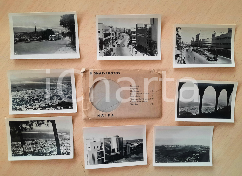 1955 ca ISRAEL - HAIFA - Views - 8 snap- photos 9x6 cm  Lotto di 8 fotografie d'epoca, con custodia originale. GOOD/buono fotografie in buone condizioni, ma piccoli strappi alla custodia Formato: 9x6 cm (singola fotografia) originale e autentica 1