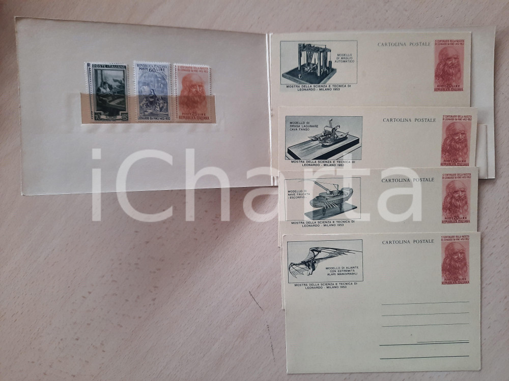 1953 FILATELIA ROMA 1° Congresso Ingegneri *4 cartoline + francobolli  Lotto di quattro cartoline postali con francobolli, in custodia originale.Insieme emesso in occasione del 1&deg; Congresso Internazionale degli Ingegneri, unito alla Mostra della scienza e tecnica di Leonardo.  GOOD/buono  Formato: 17x11 cm originale e autentica 1