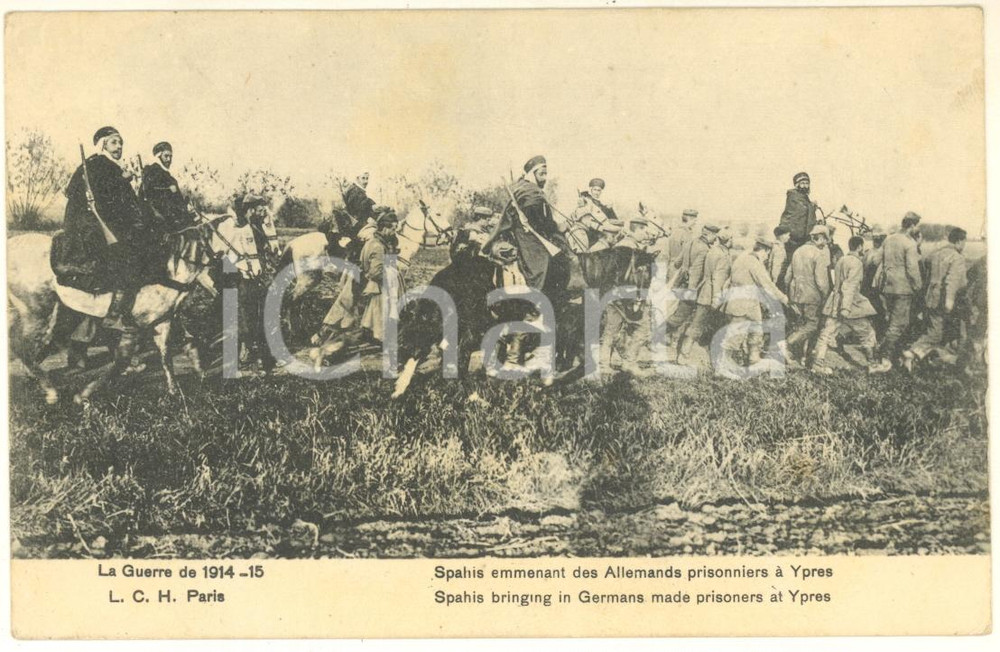 1915 WWI Spahis bringing in Germans made prisoners at Ypres - Postcard Cartolina postale d'epoca, viaggiata. GOOD/buono  Formato: 14x9 cm originale e autentica 1