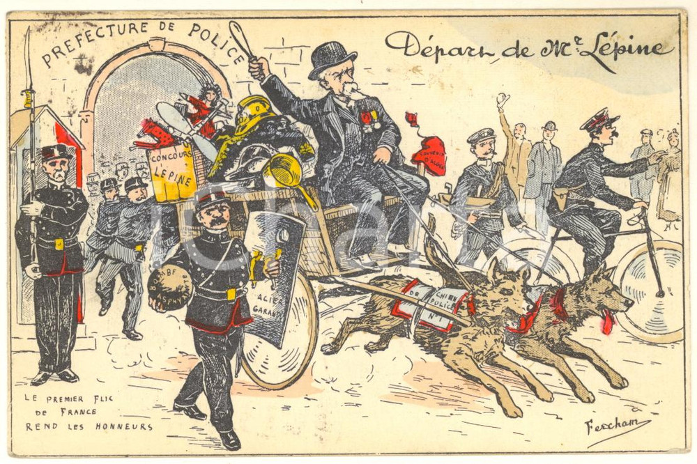 1913 FRANCE SATIRE Départ de Louis LEPINE Préfet de police de PARIS Postcard  Cartolina postale d'epoca, viaggiata. FAIR/discreto piegature angolari Formato: 14x9 cm originale e autentica 1
