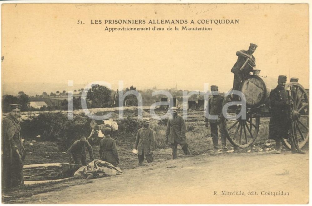 1916 WWI Camp de COETQUIDAN Prisonniers allemands - Approvisionnement d'eau Cartolina postale d'epoca, viaggiata. FAIR/discreto piegature angolari Formato: 14x9 cm originale e autentica 1