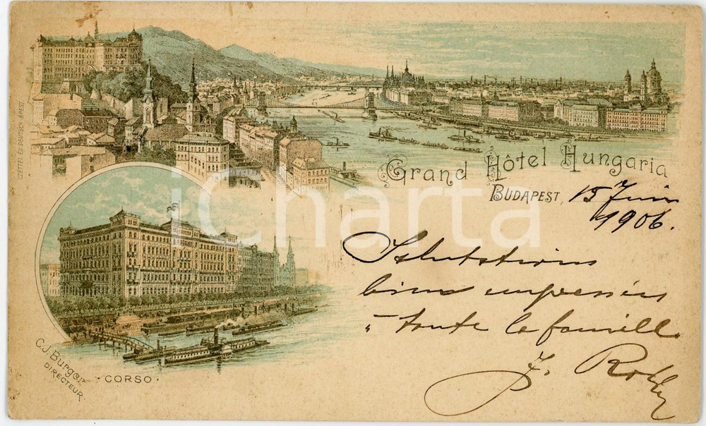 1906 BUDAPEST (HUNGARY) Grand Hotel HUNGARIA - Corso - Postcard (1)  Cartolina postale d'epoca, viaggiata. FAIR/discreto piccole piegature angolari; fioriture; millimetrica sbrecciatura marginale Formato: 14x9 cm originale e autentica 1
