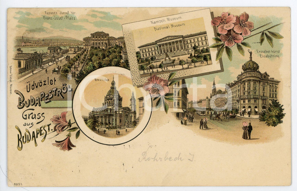 1901 BUDAPEST (HUNGARY) Views - Bazilika - Franz Josef Platz - Postcard  Cartolina postale d'epoca, viaggiata.EDITORE: Ottmar Ziehler - Munchen FAIR/discreto smussature angolari Formato: 14x9 cm originale e autentica 1