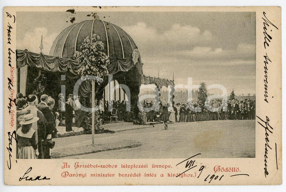 1901 GÖDÖLLŐ (HUNGARY) Az Erzsébet szobor leleplezési ünnepe - Postcard  Cartolina postale d'epoca, che mostra la cerimonia di inaugurazione della statua di Elisabetta.Viaggiata. POOR/danneggiato lievi macchie; piegature angolari Formato: 14x9 cm originale e autentica 1