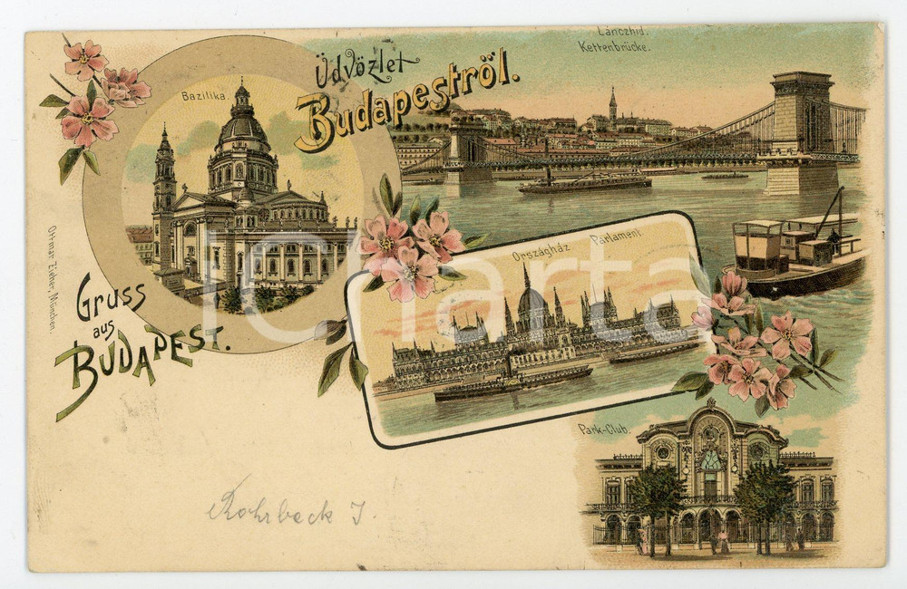 1901 BUDAPEST (HUNGARY) Views - Bazilika - Parlament - Park-Club - Postcard  Cartolina postale d'epoca, viaggiata.EDITORE: Ottmar Ziehler - Munchen GOOD/buono ma lievi smussature angolari Formato: 14x9 cm originale e autentica 1