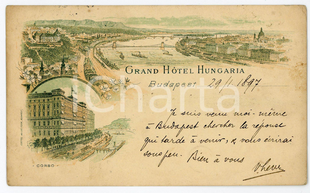 1897 BUDAPEST (HUNGARY) Grand Hotel HUNGARIA - Corso - Postcard (2)  Cartolina postale d'epoca, viaggiata. POOR/danneggiato piccole piegature angolari; abrasione al recto, con lievi macchie Formato: 14x9 cm originale e autentica 1