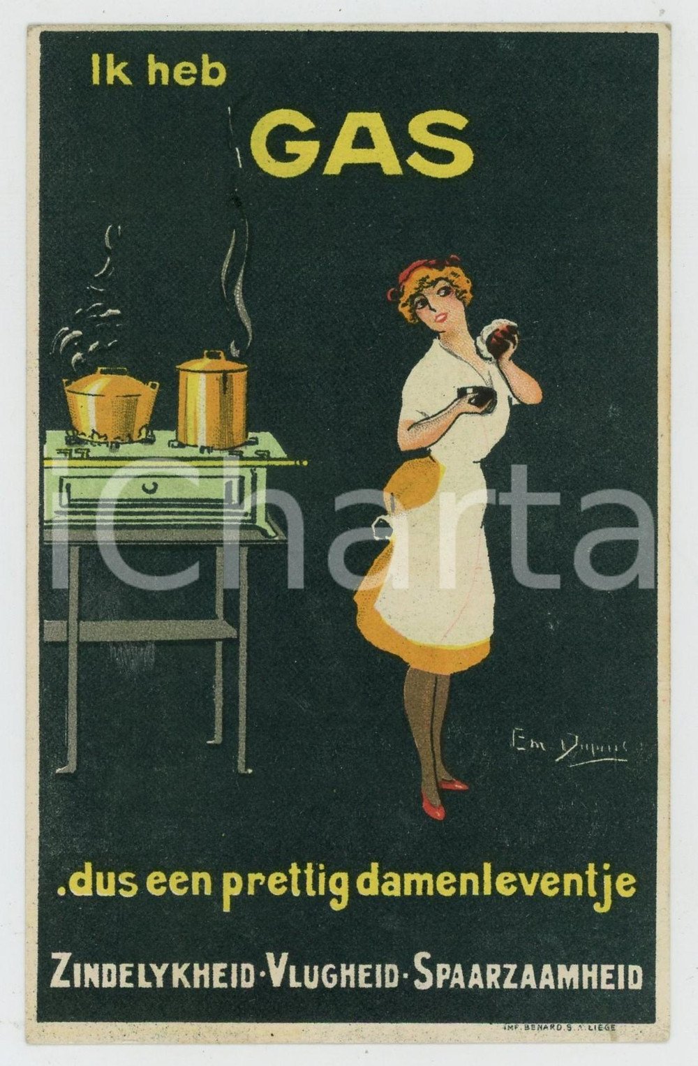 1920 ca Artist Emile DUPUIS - Ik heb gas - Woman cooking - ILLUSTRATED Postcard Cartolina postale d'epoca, illustrata, non viaggiata.Timbro "F&eacute;lix Genin agent - St. Gilles" al verso. GOOD/buono piccola impressione di inchiostro al verso Formato: 9x14 cm originale e autentica 1