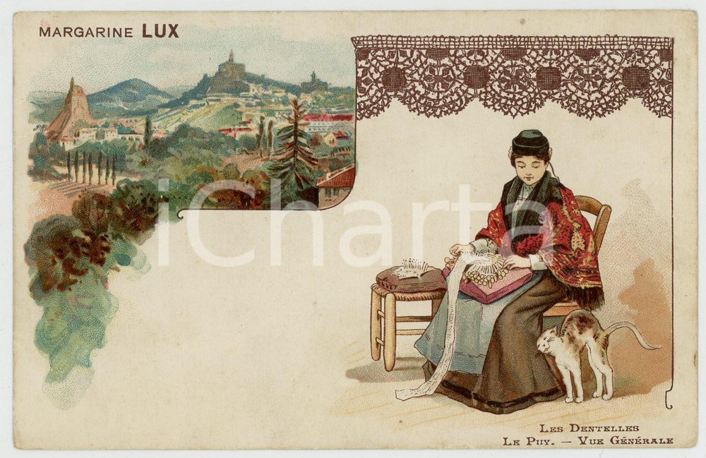 1905 ca LES DENTELLES - LE PUY - Vue générale - Postcard MARGARINE LUX Cartolina postale originale d'epoca, pubblicitaria della "Margarina Lux" della ditta E. &amp; P. Meeus di Schooten-lez-Anvers, non viaggiata. POOR/danneggiato piegature e macchie al verso; piccola impressione di inchiostro Formato: 14x9 cm originale e autentica 1