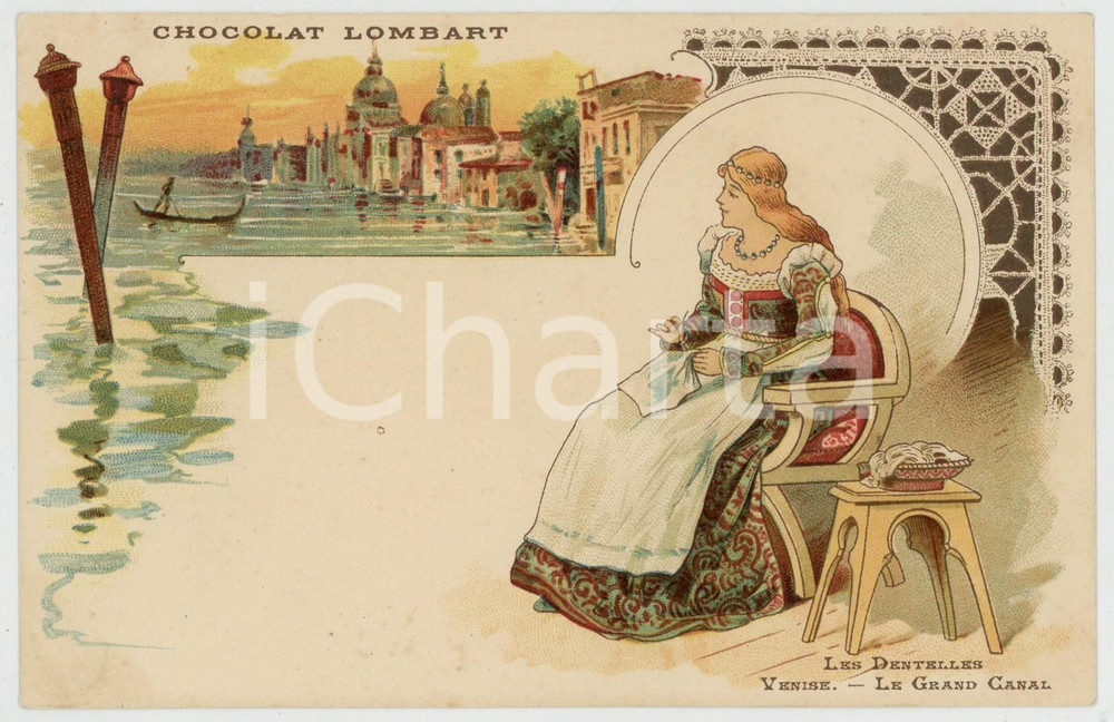 1910 ca LES DENTELLES - VENISE - Le Grand Canal - Postcard CHOCOLAT LOMBART  Cartolina postale originale d'epoca, pubblicitaria del "Chocolat Lombart", non viaggiata. POOR/danneggiato lieve piegatura verticale; lievi fioriture e minima impressione di inchiostro al verso Formato: 14x9 cm originale e autentica 1