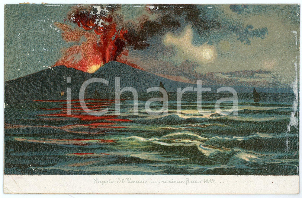 1900 ca NAPOLI Il Vesuvio in eruzione - Anno 1895 - Ill. A. COPPOLA DANNEGGIATA Cartolina postale d'epoca, illustrata,  viaggiata. VERY POOR/gravemente danneggiato residui cartacei superficiali; piegature angolari Formato: 14x9 cm originale e autentica 1
