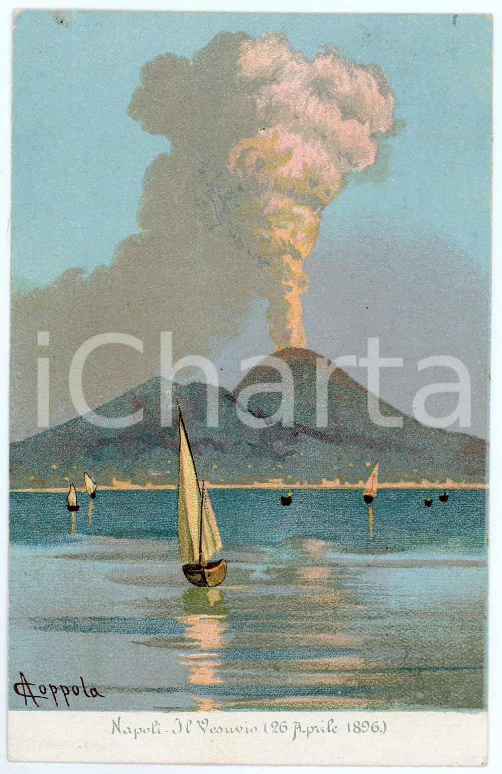 1900 ca NAPOLI Il Vesuvio in eruzione - 1896 - Cartolina ill. A. COPPOLA Cartolina postale d'epoca, illustrata, viaggiata. GOOD/buono  Formato: 14x9 cm originale e autentica 1