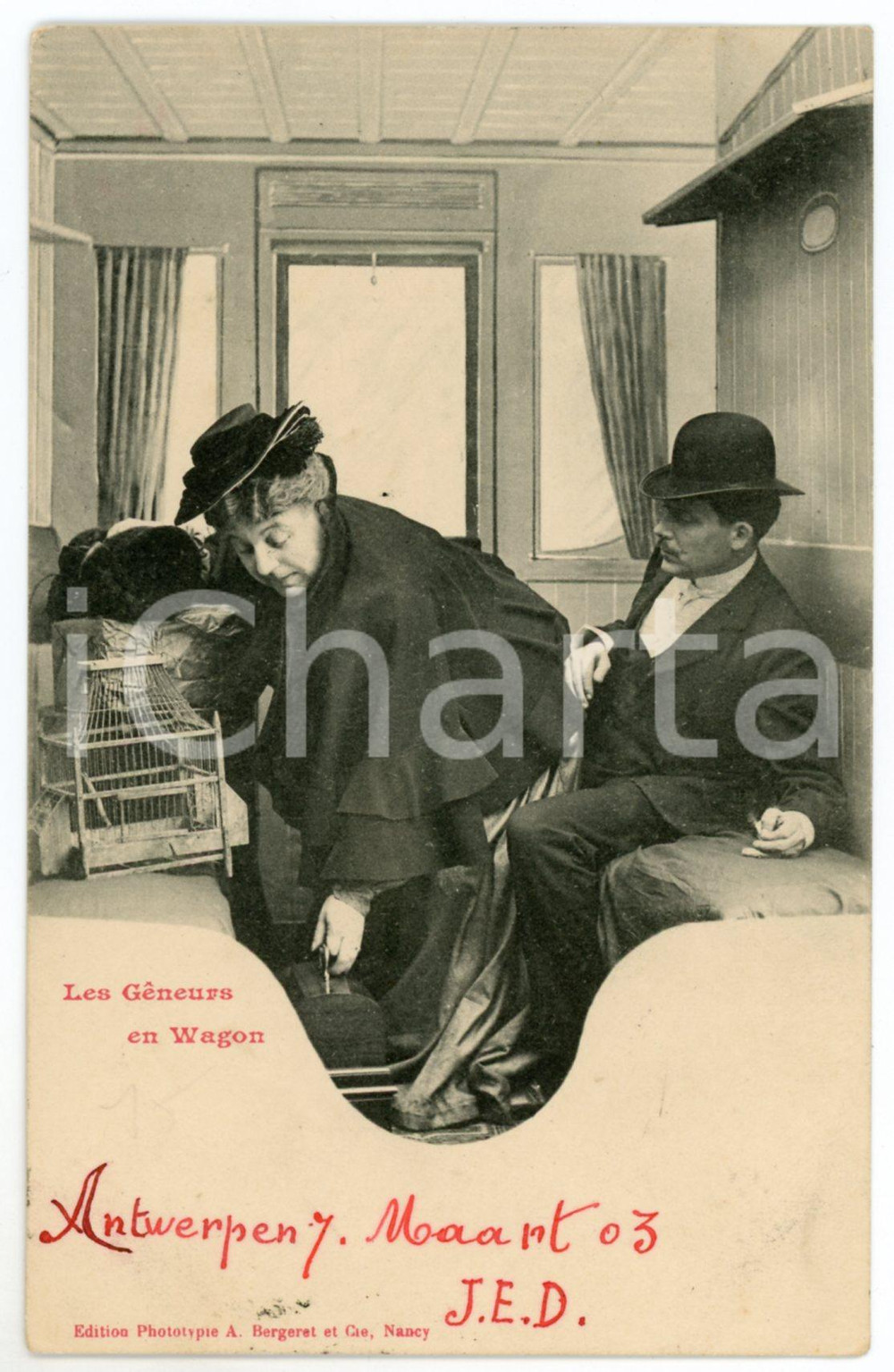 1903 HUMOUR Les gêneurs en wagon - Postcard A. BERGERET CPA (5)  Cartolina postale d'epoca, viaggiata da Anversa, appartenente alla celebre serie di Bergeret dedicata ai comportamenti che disturbano o imbarazzano in treno. GOOD/buono ma piccola impressione di inchiostro al verso Formato: 9x14 cm originale e autentica 1