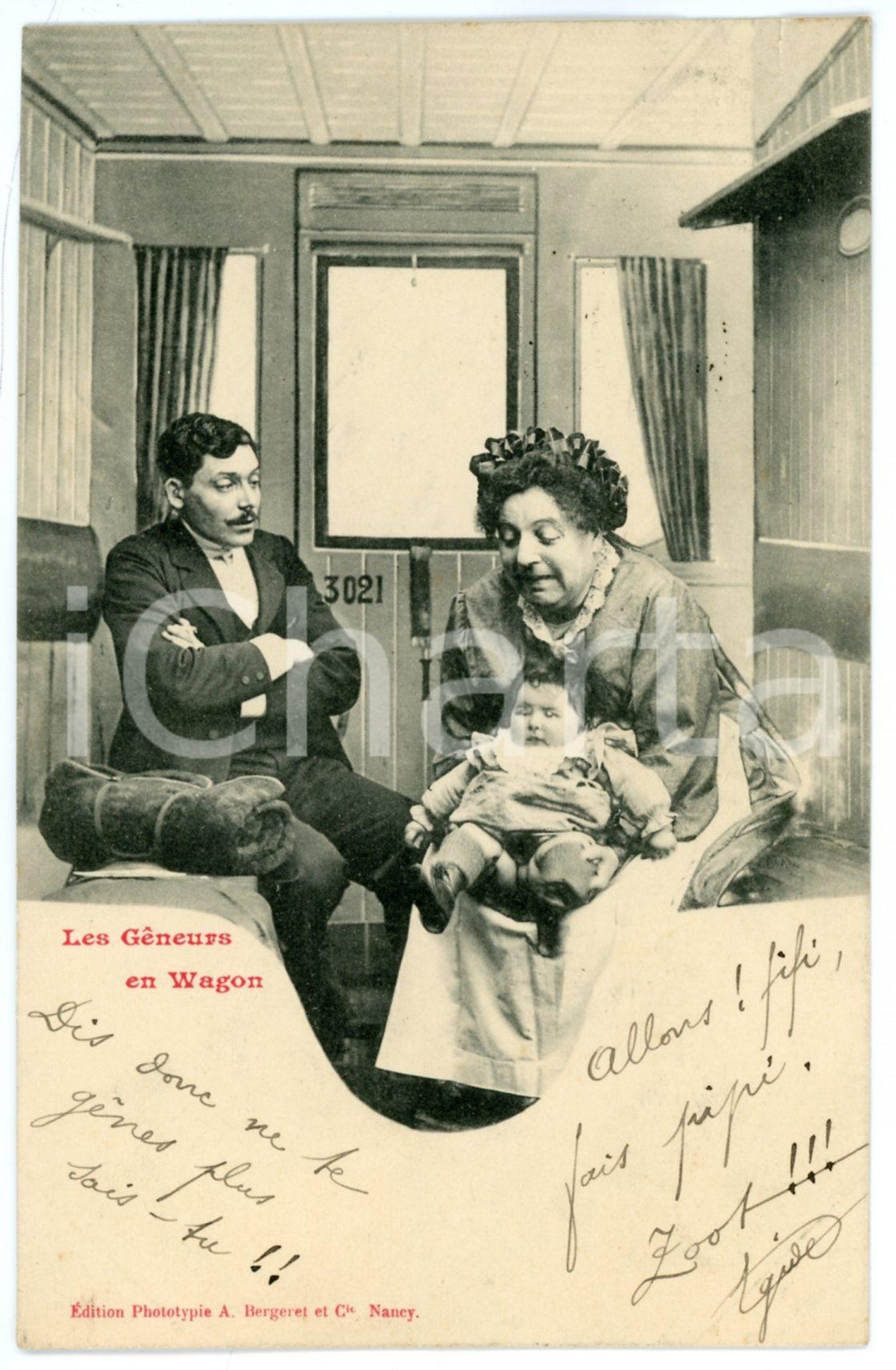 1903 HUMOUR Les gêneurs en wagon - Postcard A. BERGERET CPA (7)  Cartolina postale d'epoca, viaggiata, appartenente alla celebre serie di Bergeret dedicata ai comportamenti che disturbano o imbarazzano in treno. POOR/danneggiato piccolo strappo al lato superiore; lieve piegatura marginale Formato: 9x14 cm originale e autentica 1