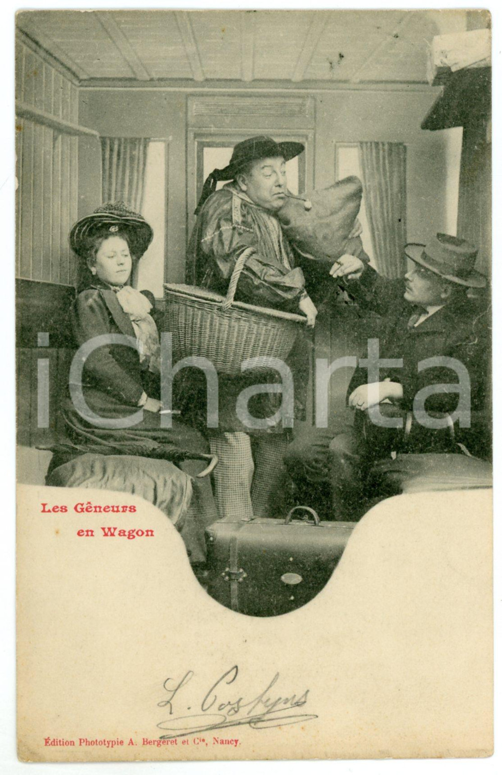 1903 HUMOUR Les gêneurs en wagon - Postcard A. BERGERET CPA (8)  Cartolina postale d'epoca, viaggiata, appartenente alla celebre serie di Bergeret dedicata ai comportamenti che disturbano o imbarazzano in treno.  VERY POOR/gravemente danneggiato strappo di 1 cm al lato superiore; piccola impressione di inchiostro Formato: 9x14 cm originale e autentica 1