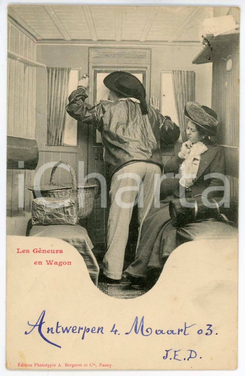 1903 HUMOUR Les gêneurs en wagon - Postcard A. BERGERET CPA (3)  Cartolina postale d'epoca, viaggiata da Anversa, appartenente alla celebre serie di Bergeret dedicata ai comportamenti che disturbano o imbarazzano in treno. GOOD/buono  Formato: 9x14 cm originale e autentica 1