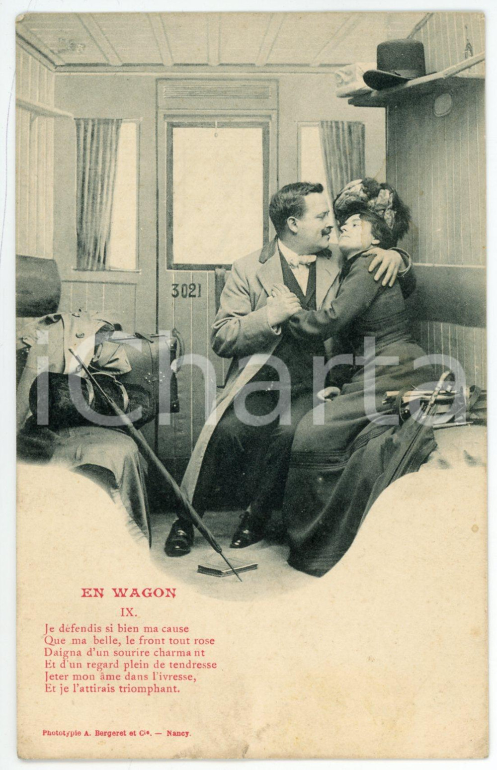 1900 ca FRANCE HUMOUR En wagon - IX - Je défendis ma cause *Postcard A. BERGERET  Cartolina postale d'epoca, non viaggiata. GOOD/buono minima sbrecciatura marginale; lievi macchie al verso Formato: 9x14 cm originale e autentica 1