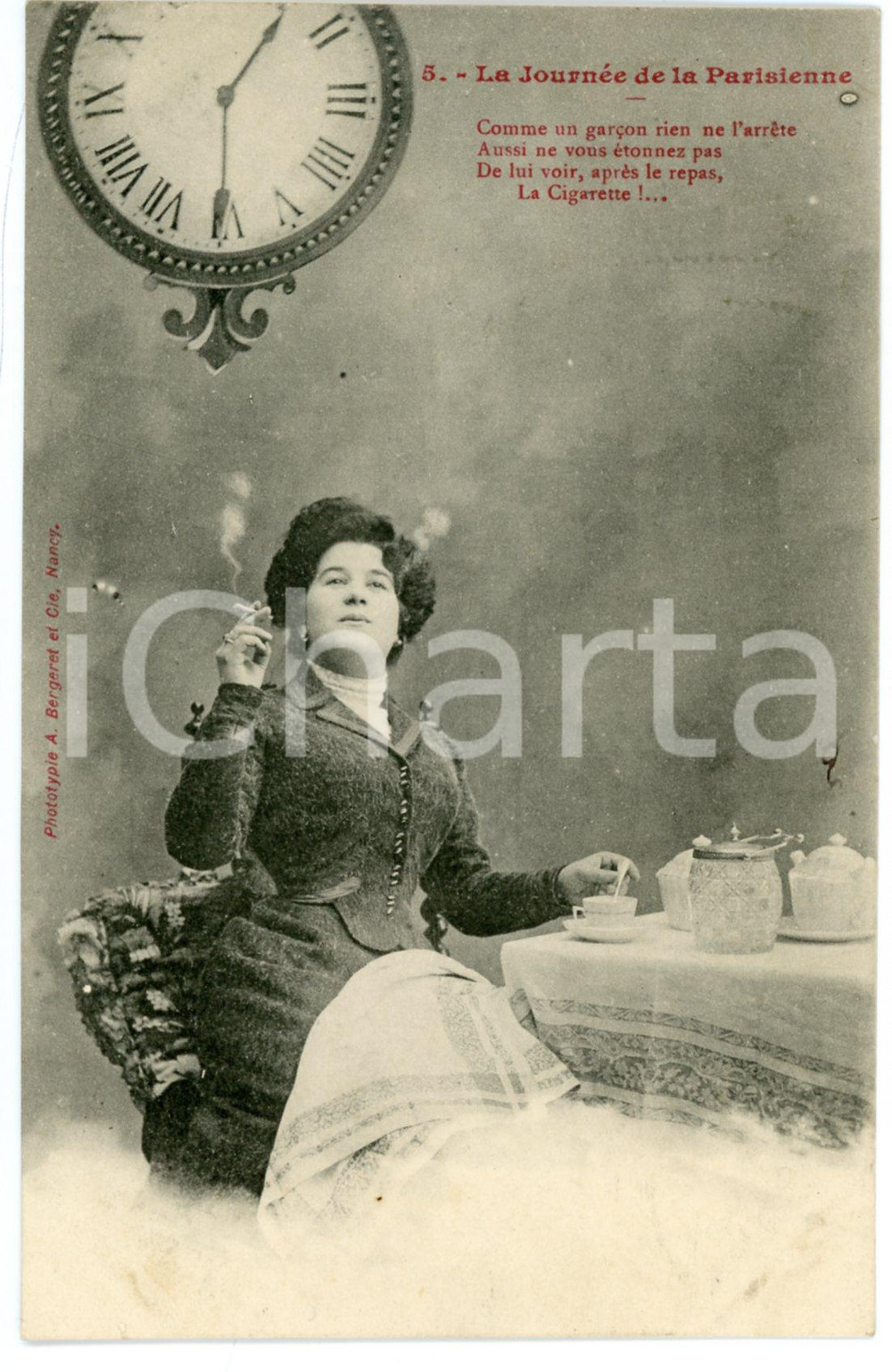 1903 FRANCE La journée de la Parisienne - Cigarette après le repas *Postcard n°5  Cartolina postale d'epoca, viaggiata. FAIR/discreto piegatura al lato superiore; piccolo residuo cartaceo al verso Formato: 9x14 cm originale e autentica 1